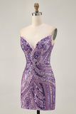 Sparkly Purple Strapless Tight Homecoming Dress