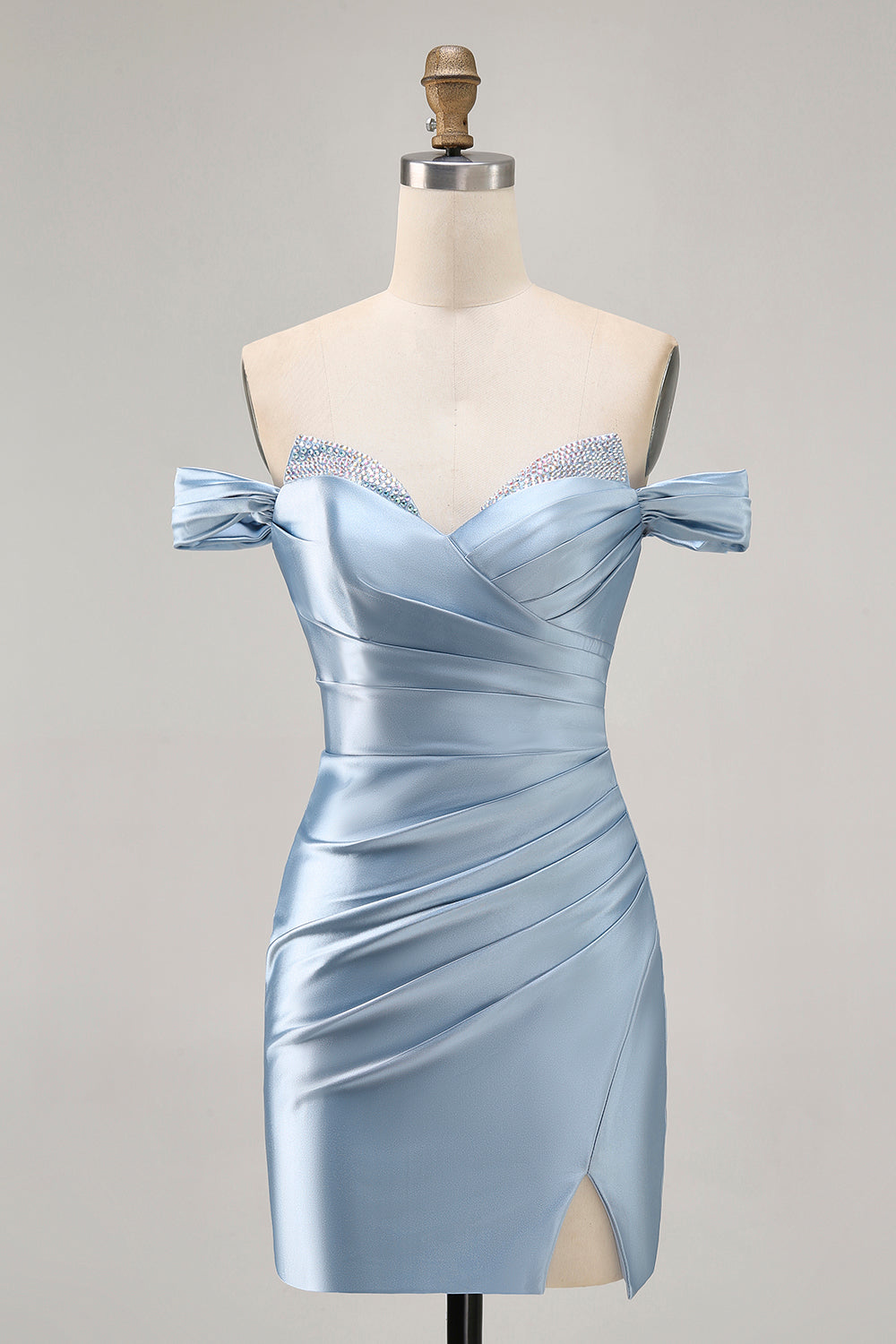 Grey Blue Satin Ruched Bodycon Off The Shoulder Homecoming Dress with Slit