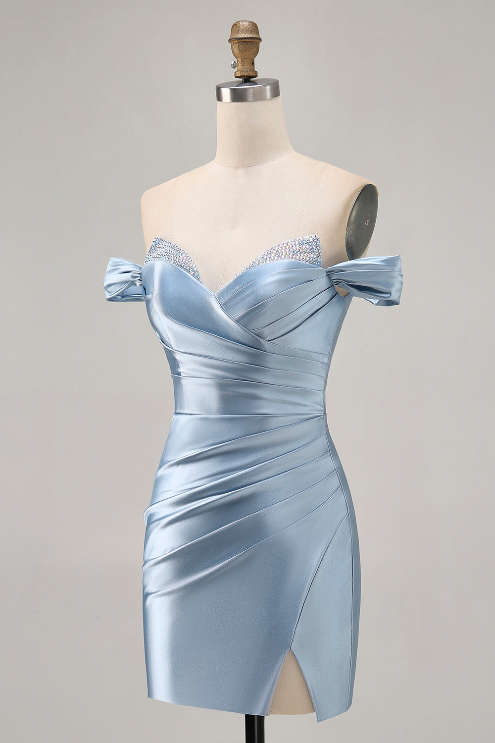Grey Blue Satin Ruched Bodycon Off The Shoulder Homecoming Dress with Slit