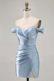 Grey Blue Satin Ruched Bodycon Off The Shoulder Homecoming Dress with Slit