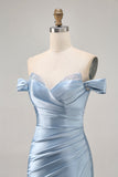Grey Blue Satin Ruched Bodycon Off The Shoulder Homecoming Dress with Slit