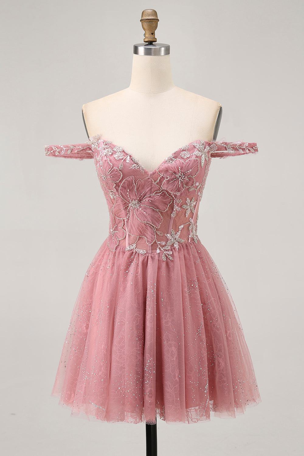 Off The Shoulder Dusty Rose Lace A Line Homecoming Dress with Beading