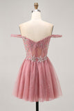 Off The Shoulder Dusty Rose Lace A Line Homecoming Dress with Beading