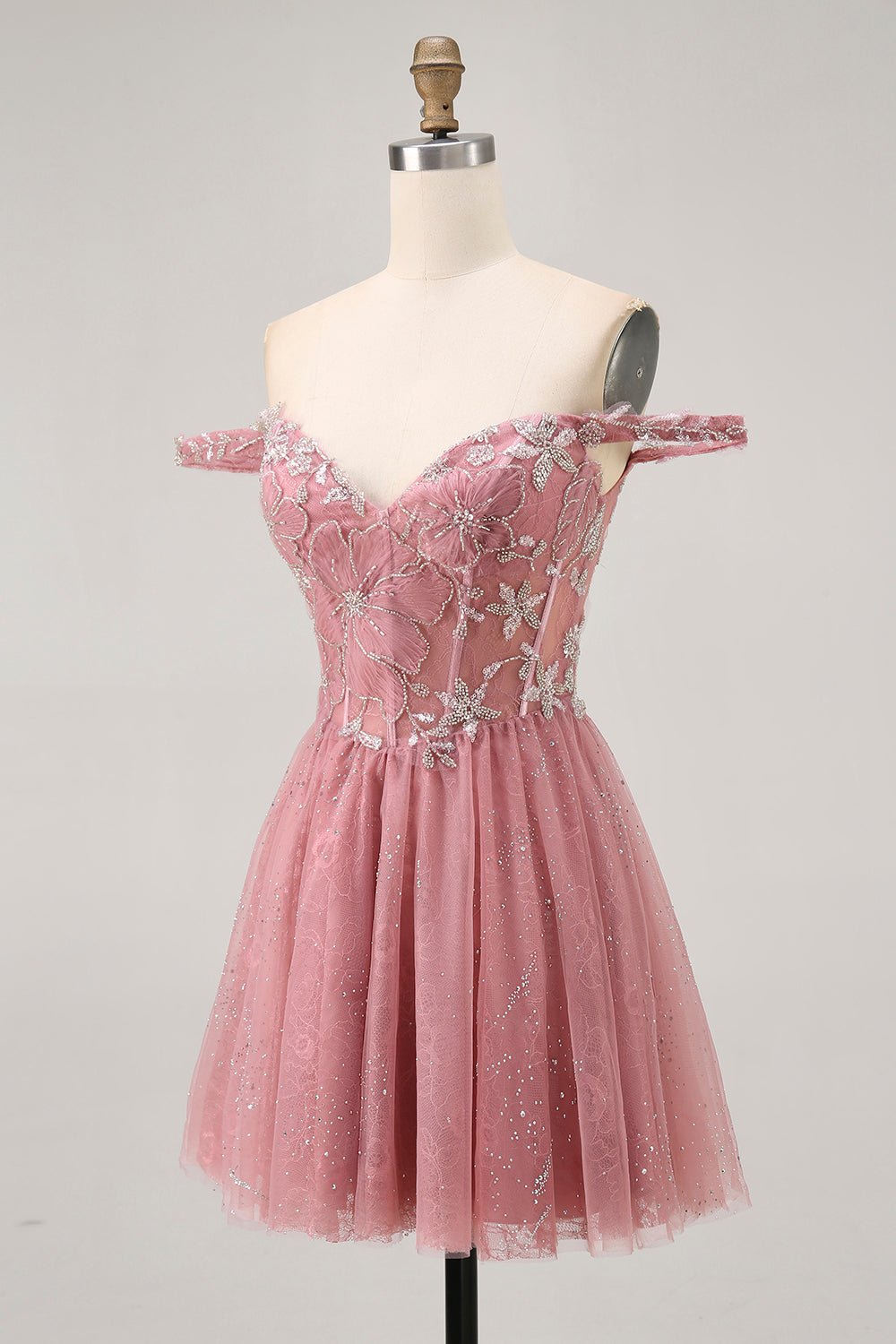 Off The Shoulder Dusty Rose Lace A Line Homecoming Dress with Beading