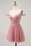 Off The Shoulder Dusty Rose Lace A Line Homecoming Dress with Beading