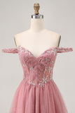 Off The Shoulder Dusty Rose Lace A Line Homecoming Dress with Beading