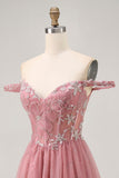 Off The Shoulder Dusty Rose Lace A Line Homecoming Dress with Beading