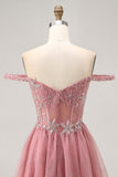Off The Shoulder Dusty Rose Lace A Line Homecoming Dress with Beading