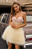 Apricot Corset Tiered A-Line Homecoming Dress with Appliques