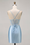 Blue Bodycon Satin Corset Homecoming Dress with Appliques