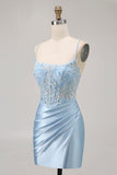 Blue Bodycon Satin Corset Homecoming Dress with Appliques