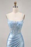 Blue Bodycon Satin Corset Homecoming Dress with Appliques