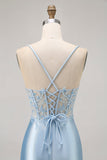 Blue Bodycon Satin Corset Homecoming Dress with Appliques