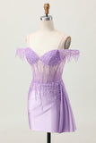 Cold Shoulder Bodycon Purple Homecoming Dress With Beading