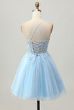 Corset Light Blue A Line Homecoming Dress With Appliques