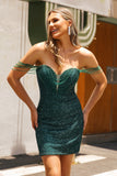 Off The Shoulder Dark Green Sequin Tight Homecoming Dress