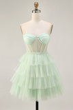 Light Green Tiered A-Line Corset Strapless Homecoming Dress