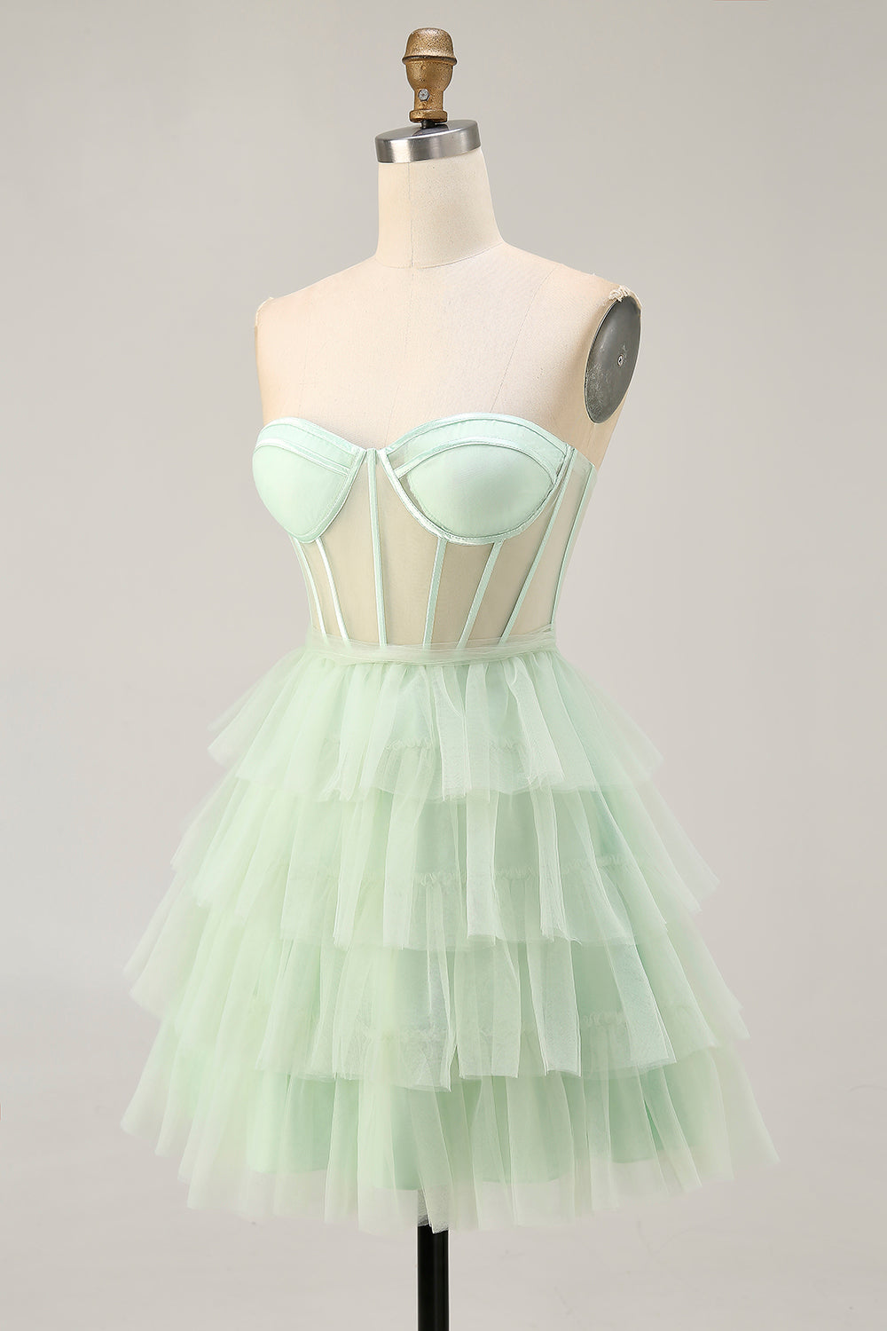 Tiered A-Line Corset Strapless Light Green Homecoming Dress