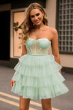 Light Green Tiered A-Line Corset Strapless Homecoming Dress