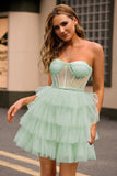 Light Green Tiered A-Line Corset Strapless Homecoming Dress