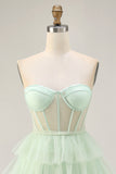 Tiered A-Line Corset Strapless Light Green Homecoming Dress