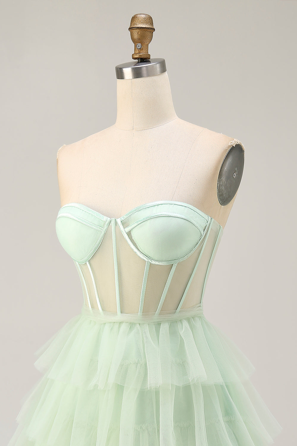 Tiered A-Line Corset Strapless Light Green Homecoming Dress