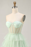 Tiered A-Line Corset Strapless Light Green Homecoming Dress