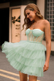 Light Green Tiered A-Line Corset Strapless Homecoming Dress