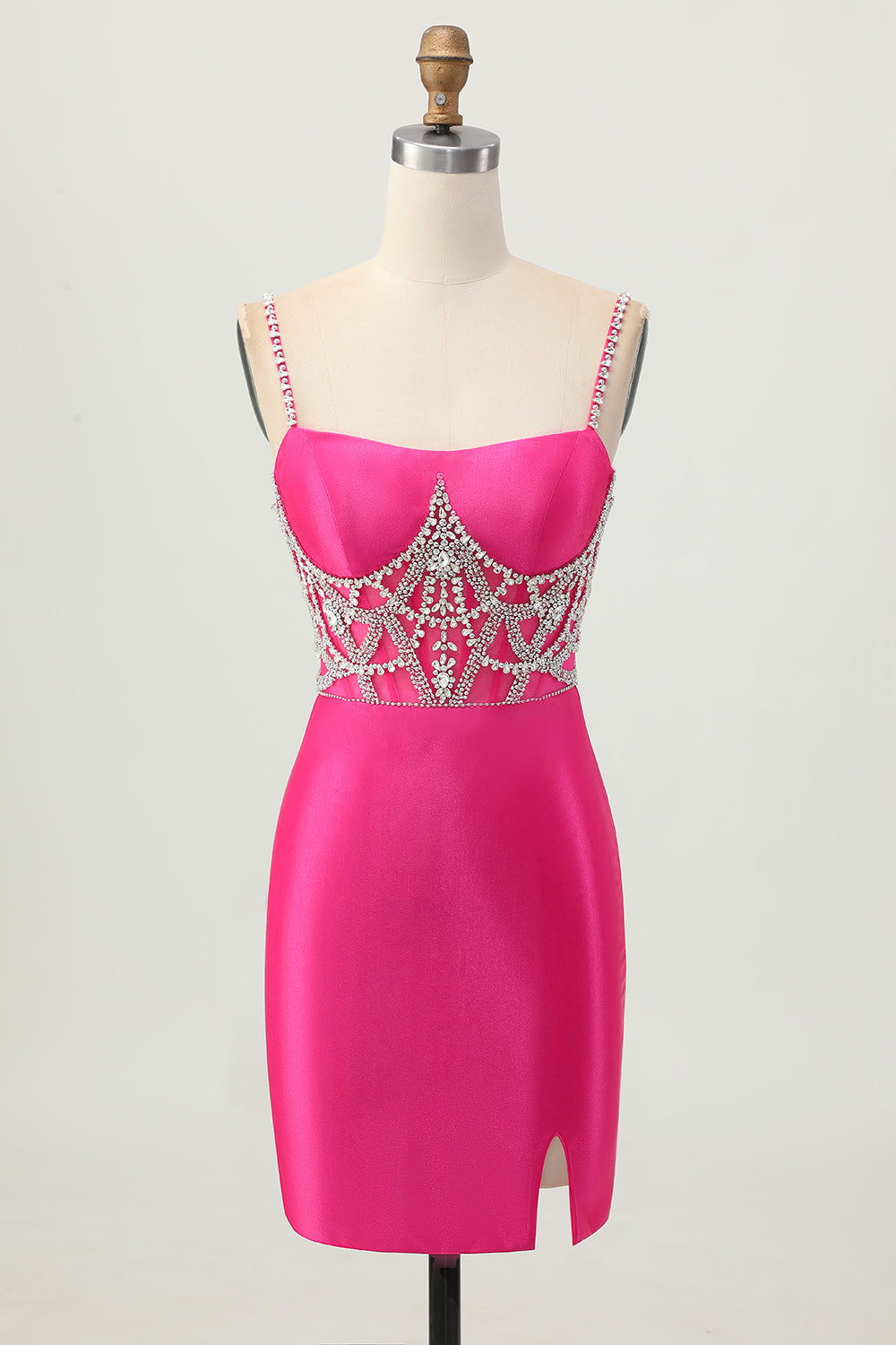 Fuchsia Beaded Satin Bodycon Homecoming Dress With Slit