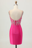 Fuchsia Beaded Satin Bodycon Homecoming Dress With Slit