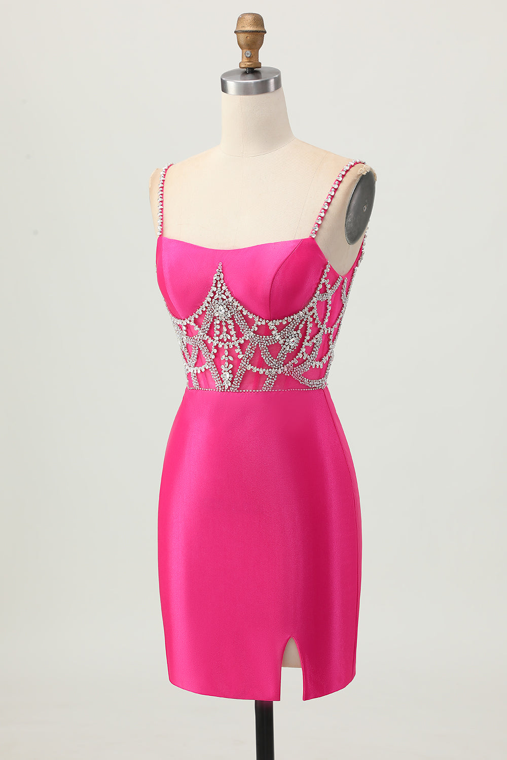 Fuchsia Beaded Satin Bodycon Homecoming Dress With Slit