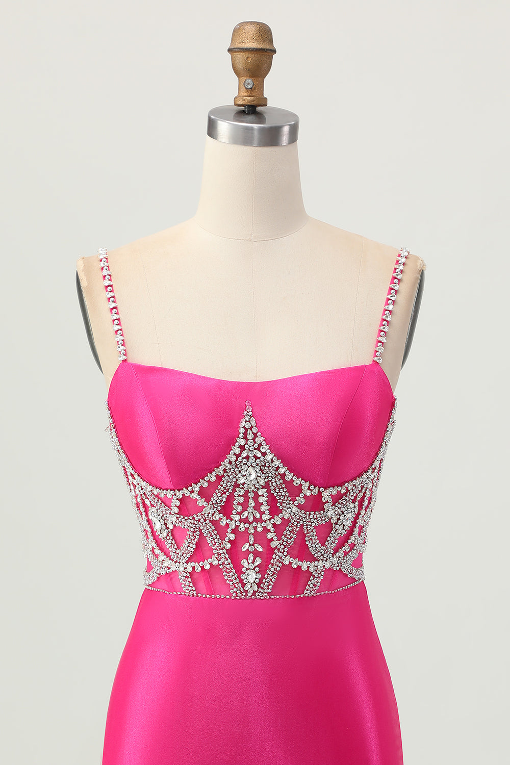 Fuchsia Beaded Satin Bodycon Homecoming Dress With Slit