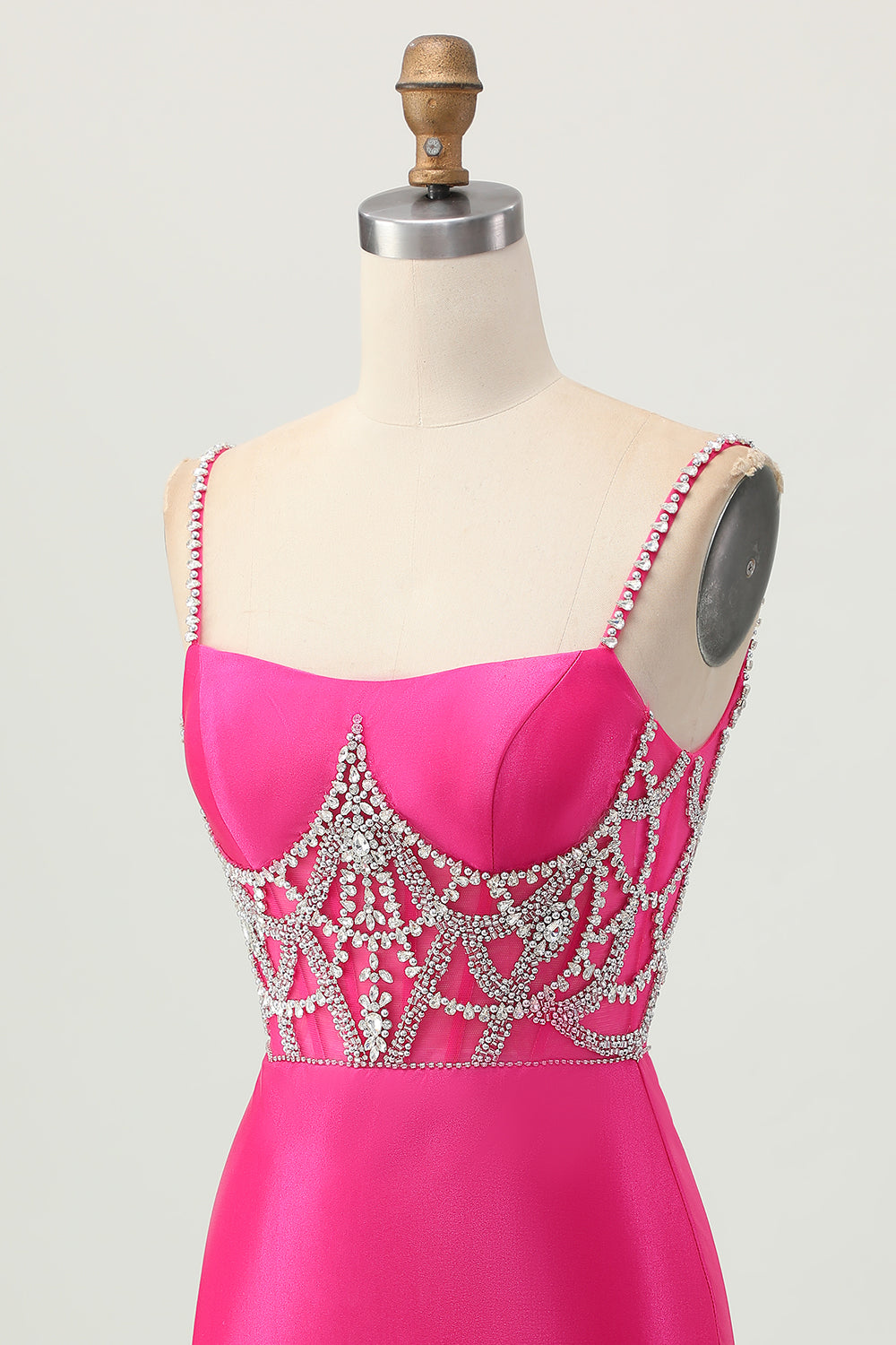 Fuchsia Beaded Satin Bodycon Homecoming Dress With Slit