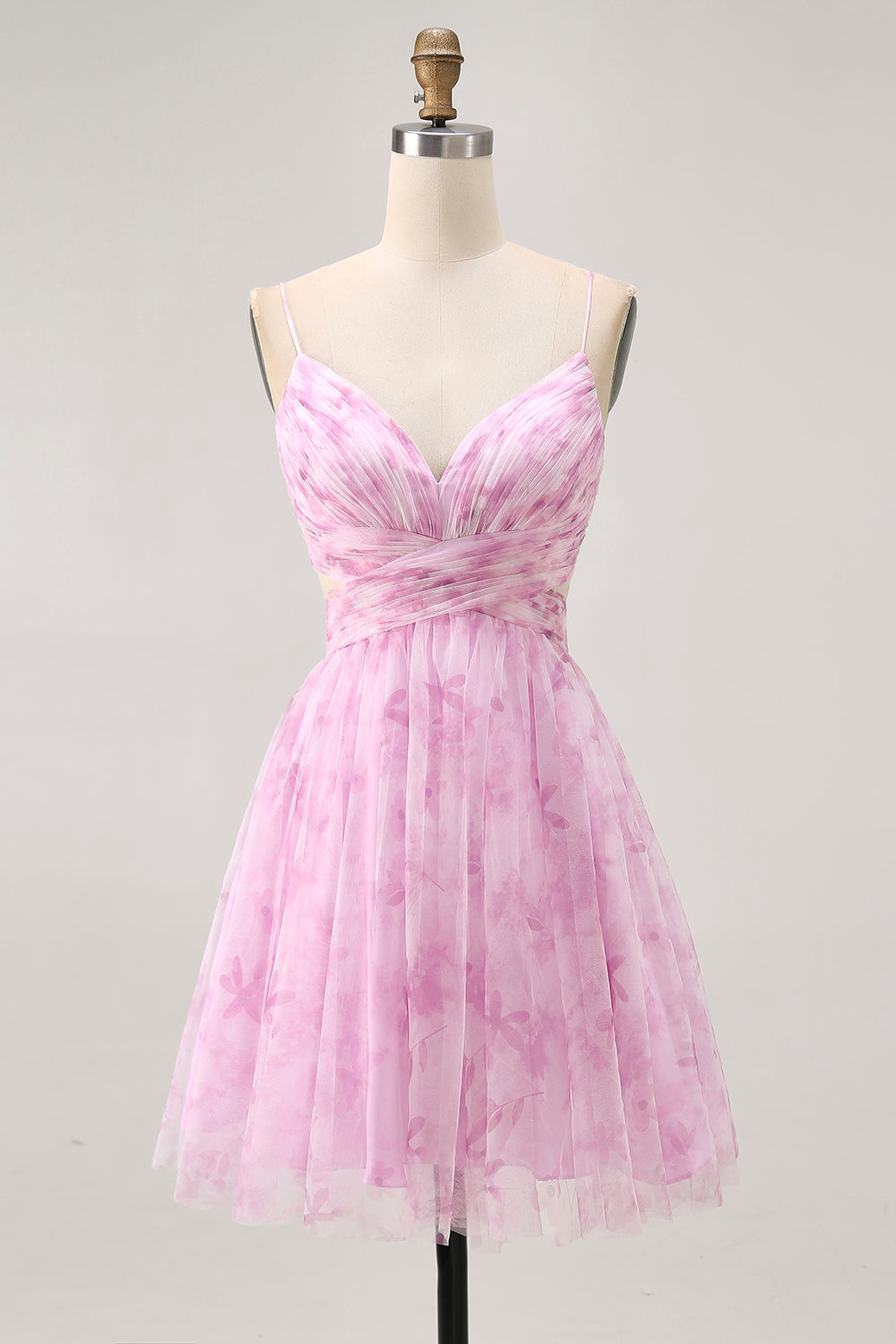Printed A-Line Pink Flower Homecoming Dress with Lace-up Back