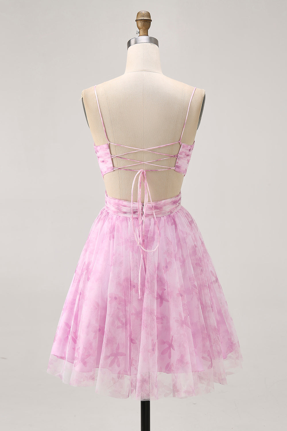 Printed A-Line Pink Flower Homecoming Dress with Lace-up Back