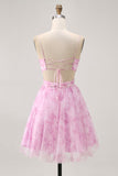 Printed A-Line Pink Flower Homecoming Dress with Lace-up Back