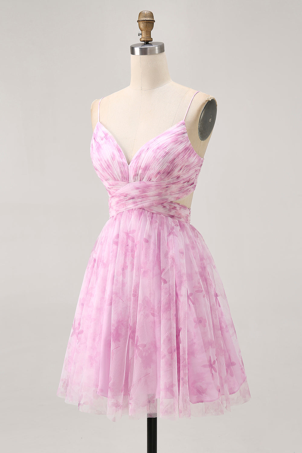 Printed A-Line Pink Flower Homecoming Dress with Lace-up Back