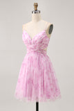 Printed A-Line Pink Flower Homecoming Dress with Lace-up Back