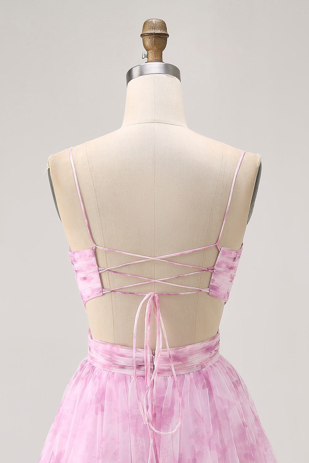 Printed A-Line Pink Flower Homecoming Dress with Lace-up Back