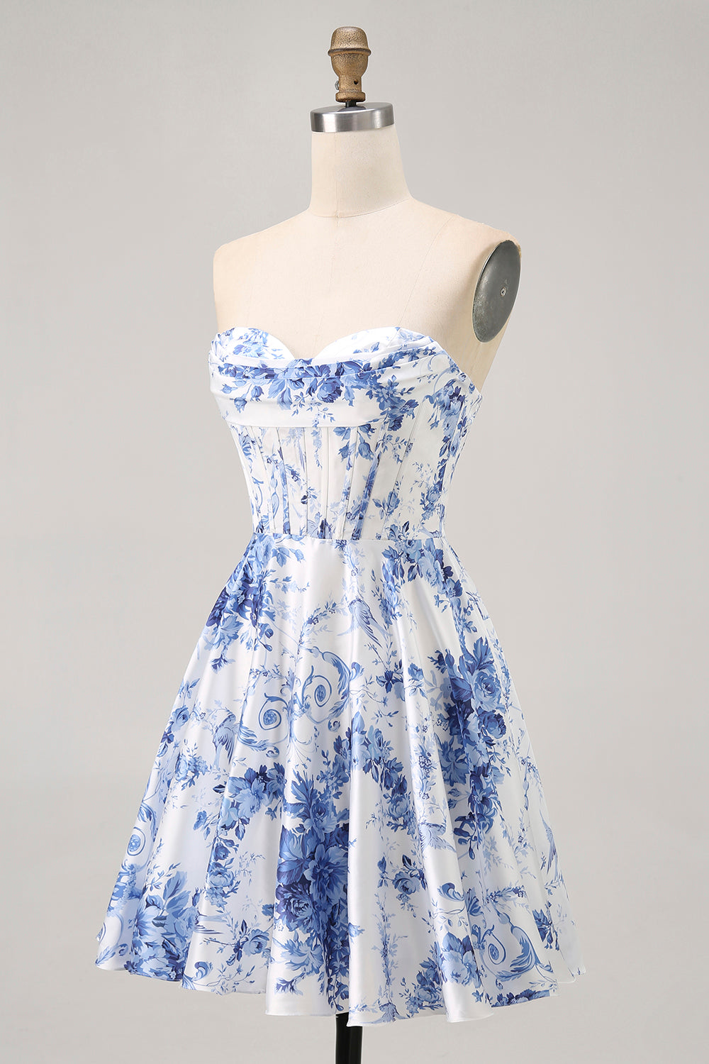 White Blue Flower A Line Strapless Corset Homecoming Dress