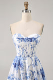 White Blue Flower A Line Strapless Corset Homecoming Dress