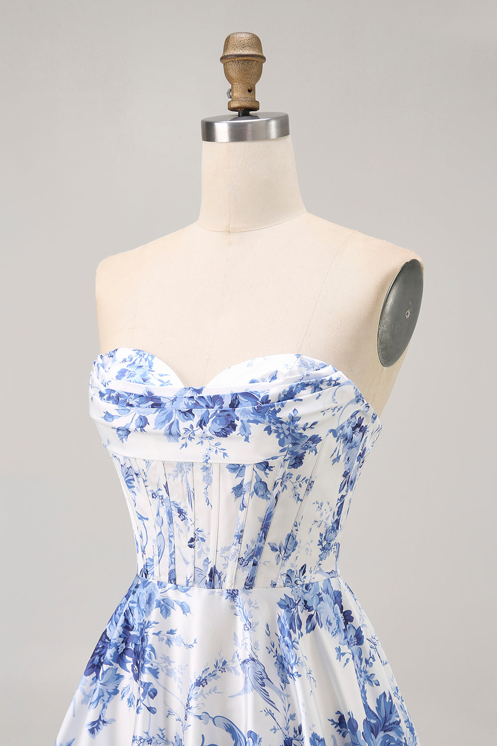 White Blue Flower A Line Strapless Corset Homecoming Dress