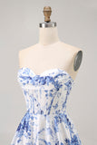 White Blue Flower A Line Strapless Corset Homecoming Dress