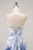 White Blue Flower A Line Strapless Corset Homecoming Dress