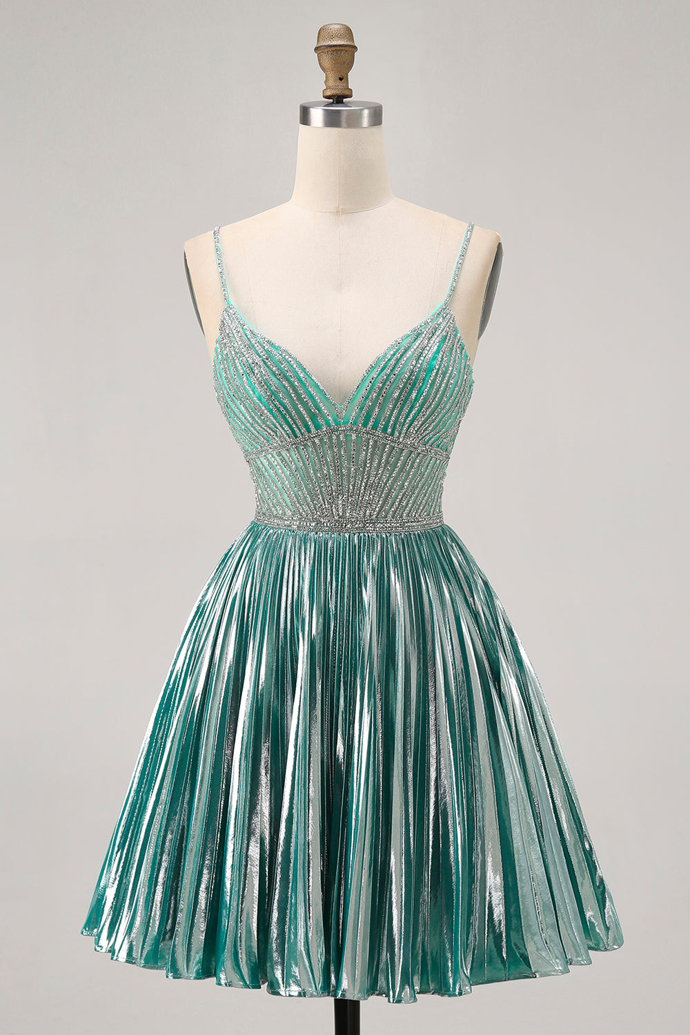 Metallic Satin Green A Line Homecoming Dress with Beading