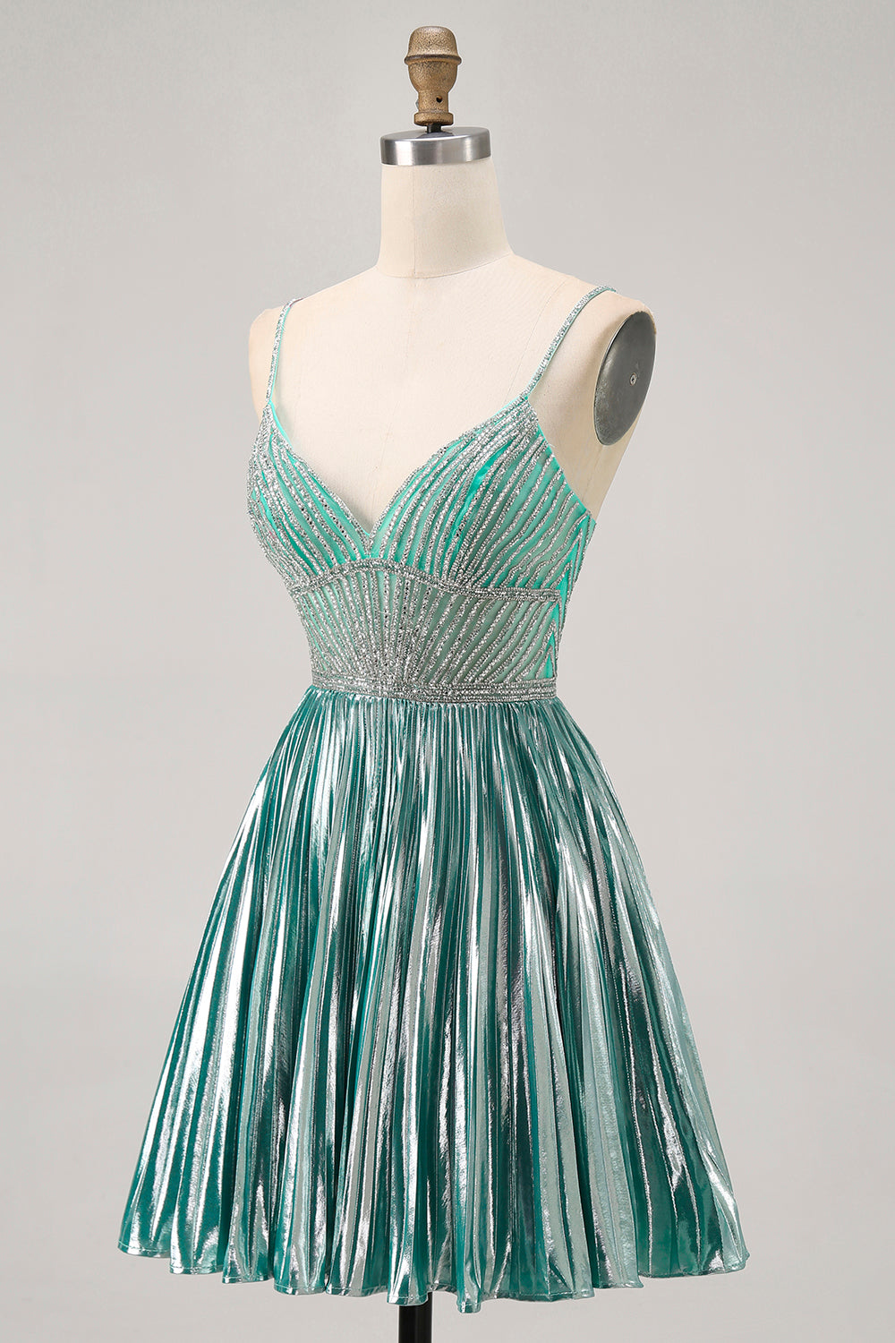Metallic Satin Green A Line Homecoming Dress with Beading