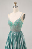 Metallic Satin Green A Line Homecoming Dress with Beading