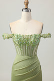 Off The Shoulder Corset Bodycon Green Homecoming Dress with Appliques