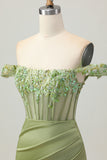 Off The Shoulder Corset Bodycon Green Homecoming Dress with Appliques