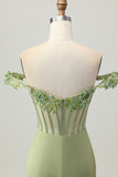 Off The Shoulder Corset Bodycon Green Homecoming Dress with Appliques
